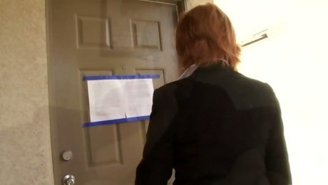 Red haired mature slutty real estate dealer Calliste sucks hairy cock