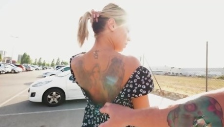 Girl with beautiful tattoo Angel Rivas gives her head and gets laid in public place