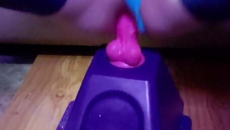 Blue whore riding pink dildo